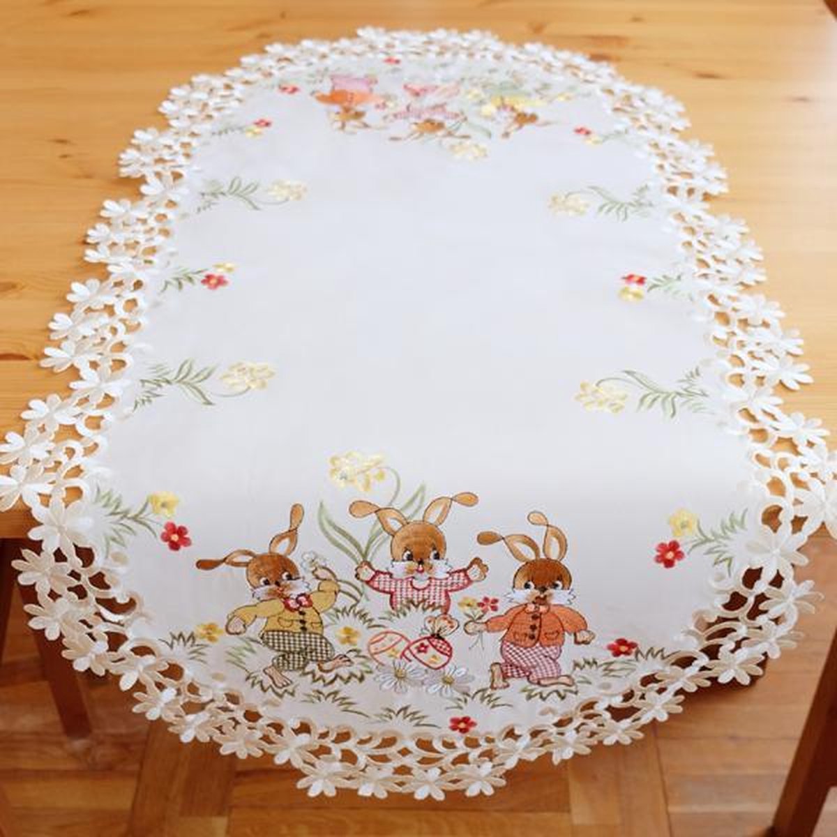 Raebel Pasen lichtgrijs tafelkleed tafelloper kleed paasdecoratie hazen roze 100% polyester (40 x 140 cm tafelloper rechthoekig