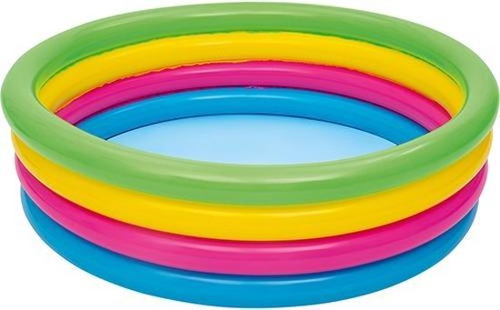 Opblaasbaar zwembad met vier ringen in groen, geel, roze en blauw