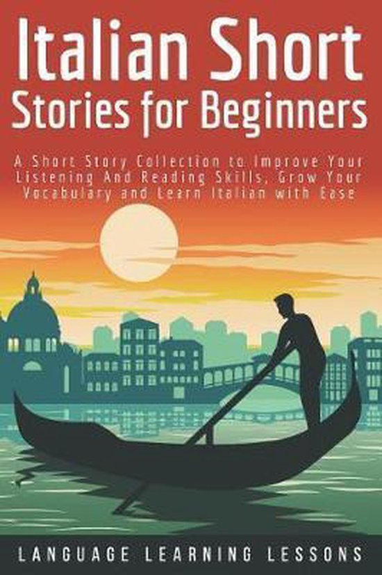 Boek 'Italian Short Stories for Beginners', met een gondelier op het water bij zonsondergang.