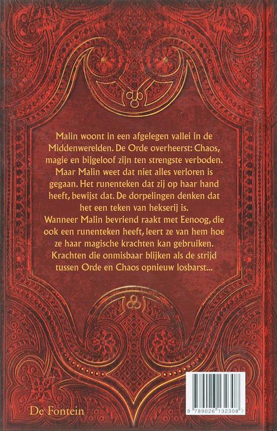 Achterkant boek Vuurvolk met rode versieringen en tekst.