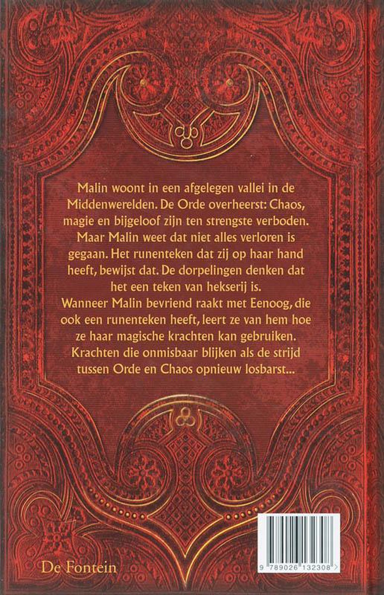 Achterkant boek Vuurvolk met rode versieringen en tekst.