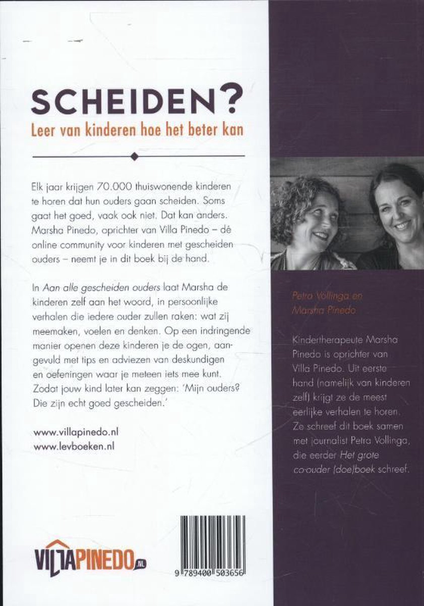Boekomslag met titel 'Scheiden? Leer van kinderen hoe het beter kan'. Twee lachende vrouwen, Marsha Pinedo en Petra Vollinga.