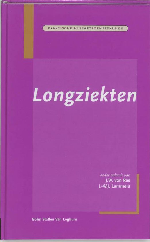 Boekomslag van "Longziekten" met de titel in witte letters op een roze achtergrond. Onder de titel "praktische huisartsgeneeskunde".
