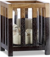 relaxdays windlicht teakhout - kaarshouder - kooi design - zwart-bruin - 22 cm hoog M