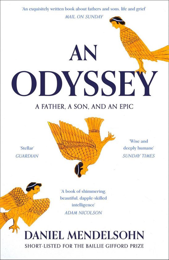 Couverture du livre 'An Odyssey: A Father, A Son, and an Epic' en anglais, avec des illustrations dorées de figures mythologiques sur fond blanc. Titre 'AN ODYSSEY' en grandes lettres bleues.