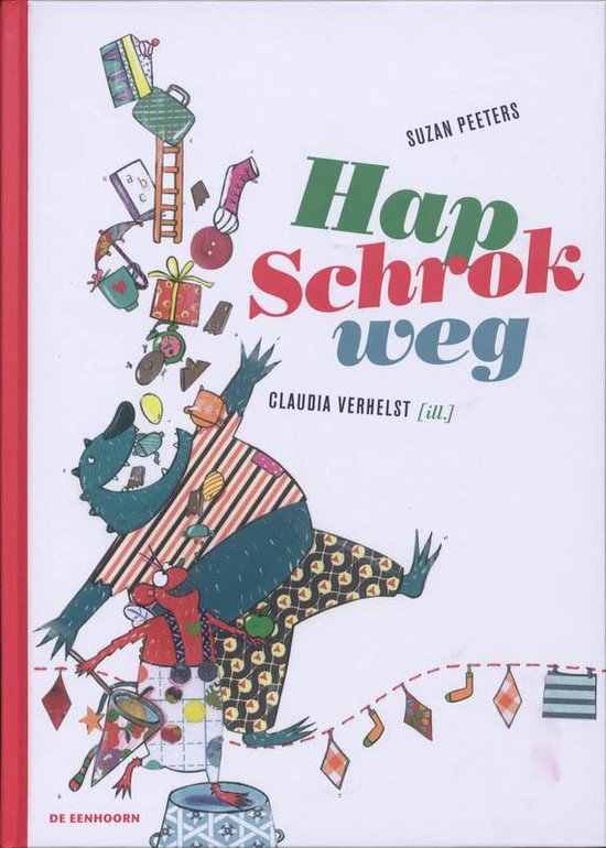 Boekomslag met de titel 'Hap Schrok Weg' in kleurrijke letters. Een grote, blauwe draak met gestreepte broek valt uit de lucht. Ernaast een kleine, rode draak met een trommel.
