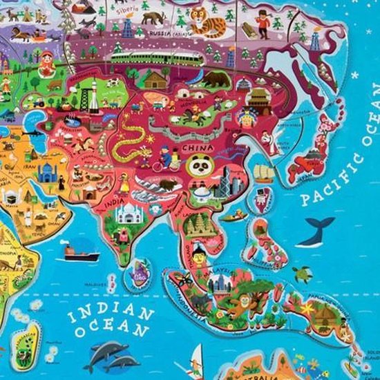 Illustration détaillée de la carte du monde magnétique avec des illustrations joyeuses d'animaux, de bâtiments et de pays en Asie.