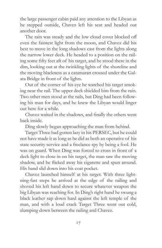 Pagina 17 van een boek, met tekst over personages die op een reling staan en een vliegtuig zien.