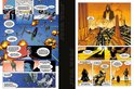 Stripboekpagina met sci-fi figuren. Schepen vechten, explosies in de ruimte, soldaten en een ruimteschip in kleurrijke panelen.