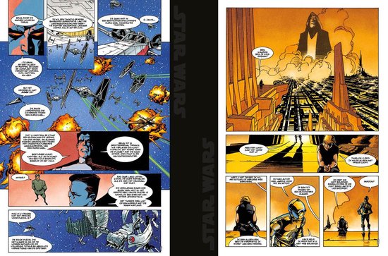 Stripboekpagina met sci-fi figuren. Schepen vechten, explosies in de ruimte, soldaten en een ruimteschip in kleurrijke panelen.