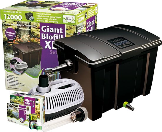 Velda Giant Biofill XL Set 12000 met zwarte filterbak, witte pomp, uv-lamp en doosjes.