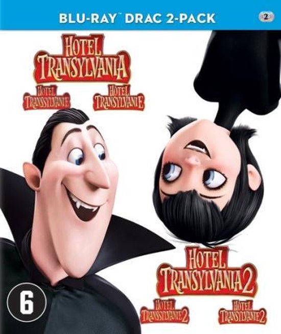Blu-ray 2-pack: Hotel Transsylvanië 1 & 2. Met Drac en Mavis, deels ondersteboven.