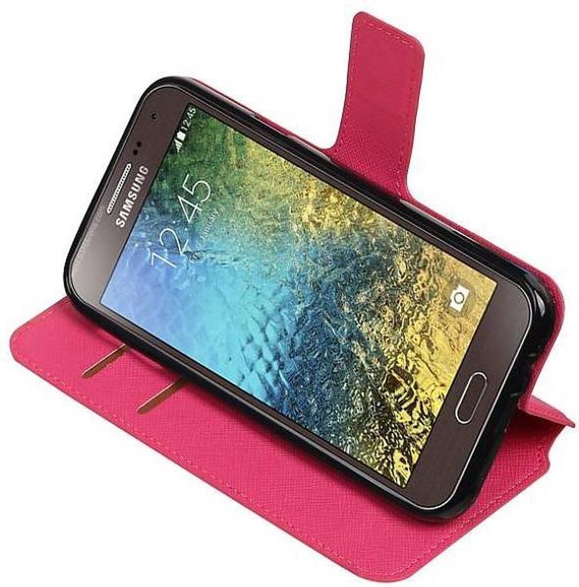 Cross Pattern TPU Bookstyle Wallet Case Hoesjes Geschikt voor Samsung Galaxy E5 Roze