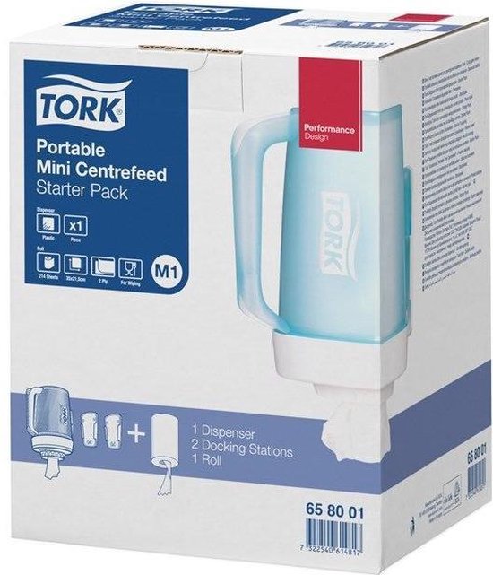 Foto: Tork starterpack draagbare mini centerfeed poetspapier dispenser kunststof wit turquoise m1