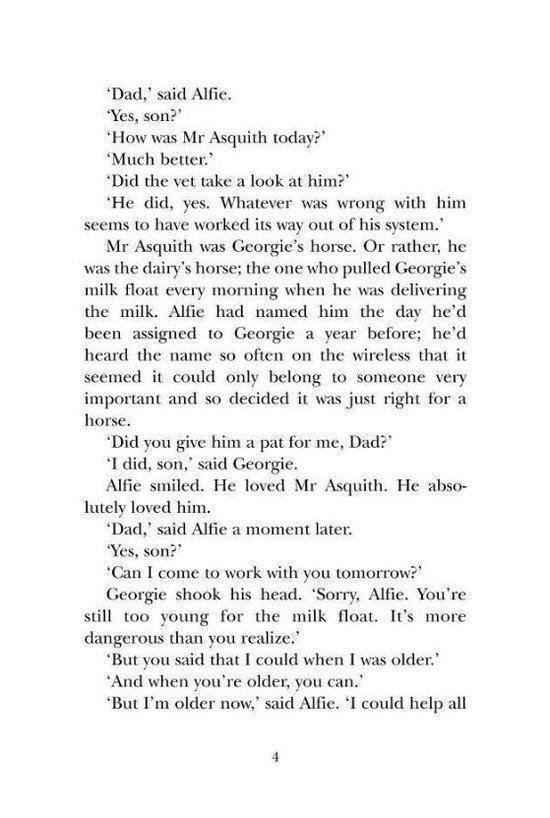 Pagina uit een boek met dialoog over een paard genaamd Mr Asquith en melk.