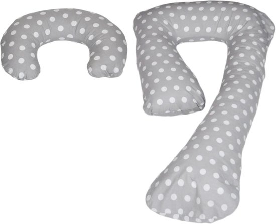  - Voedingskussen - Zwangerschapskussen - set - 100% katoen - 235 cm - grijs met witte stipjespatroon