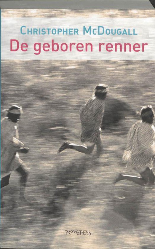 Boekomslag van "De geboren renner" met drie rennende personen op een bruingrijze achtergrond.