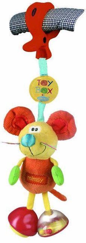 Mimsy de Muis knuffel met oranje lijf, gele kop, groene armen en rode oren met stippen. Hij heeft een rode en een zilverkleurige voet met balletjes.