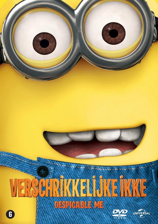 Grote close-up van een Minion met grote ronde bril, gele huid, blauwe overall en een brede lach. Met tekst 'Verschrikkelijke Ikke'.