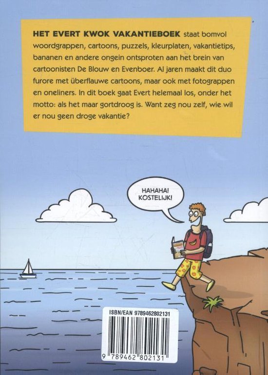 Achterkaft van 'Evert Kwok Vakantieboek' met tekstblok, barcode en een tekening van een persoon op een rots.