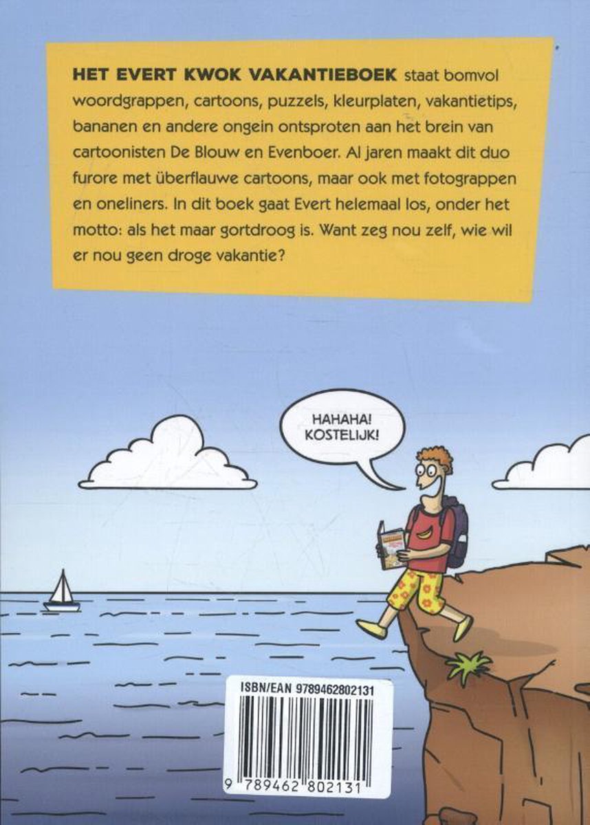 Achterkaft van 'Evert Kwok Vakantieboek' met tekstblok, barcode en een tekening van een persoon op een rots.