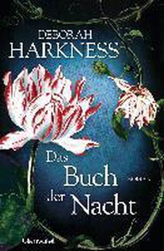Boek kaft met de titel 'Das Buch der Nacht' door Deborah Harkness. Centraal staat een rode en witte tulp, met een tweede verwelkte bloem ernaast.