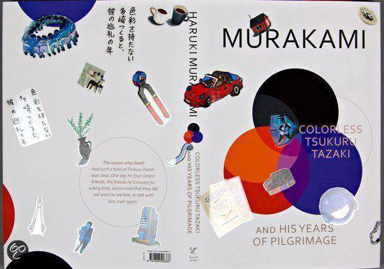 Boekomslag van Murakami's 'Colorless Tsukuru Tazaki and His Years of Pilgrimage', met illustraties en cirkels.