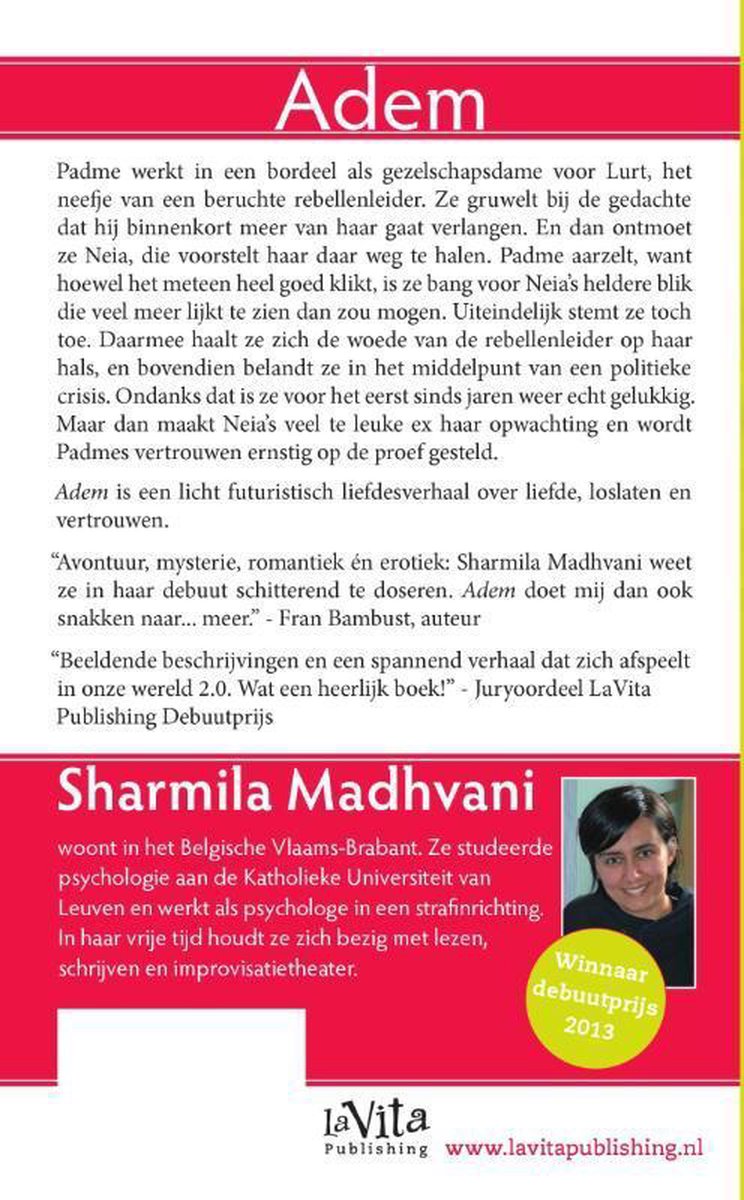 Boekomslag van 'Adem' met tekst, een foto van auteur Sharmila Madhvani en de LaVita Publishing logo.