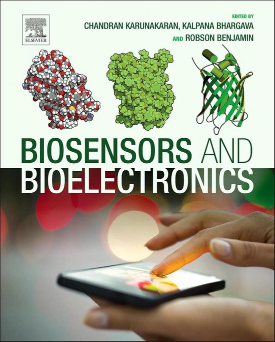 Livre 'Biosensors and Bioelectronics' avec des illustrations de molécules et une main utilisant un smartphone.
