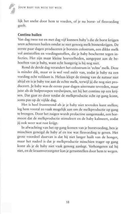 Pagina 18 uit 'Jouw Baby van Week tot Week' met tekst over continu huilen en borstvoeding.