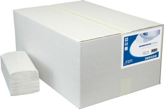 Doos met witte, gevouwen papieren handdoekjes met het Euro Products logo. Een stapel witte handdoekjes ligt ernaast.
