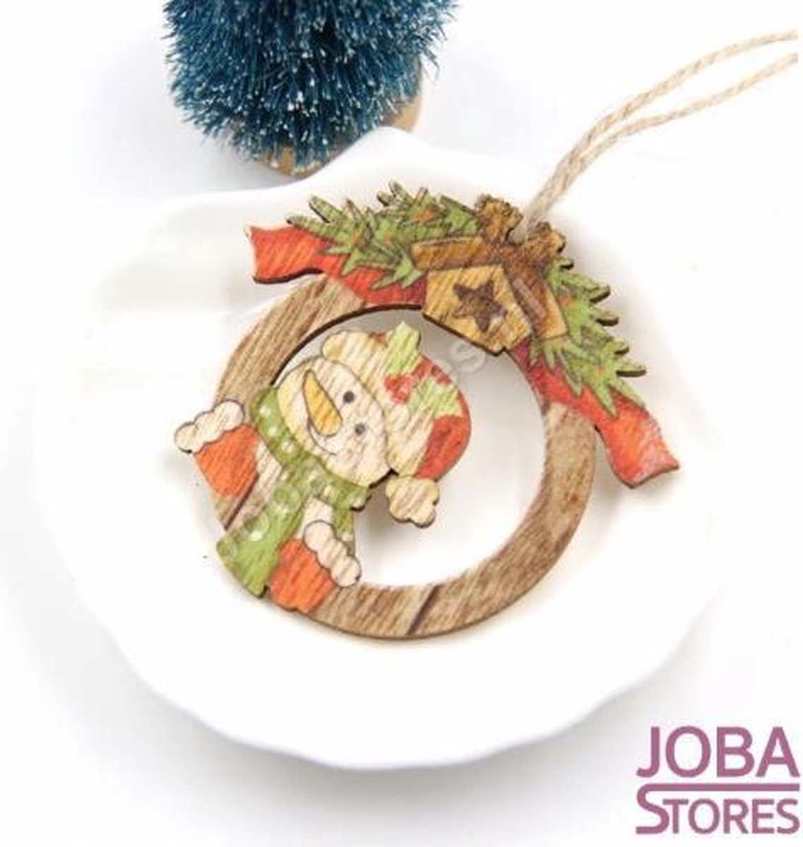 Houten Kerst Hangers Rond Sneeuwpop (10 stuks)