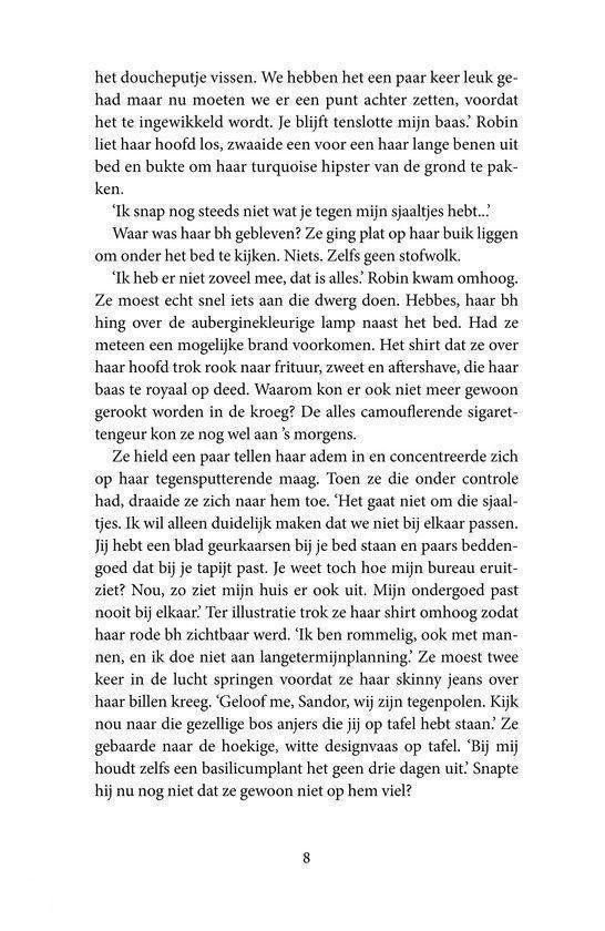 Een pagina uit een boek met Nederlandse tekst over Robin. Beschrijft haar haar, kleding en haar vriendjes.