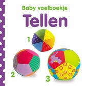 De voorkant van het Baby voelboekje Tellen, met drie stoffen ballen in verschillende kleuren en patronen.