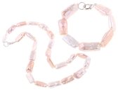 Zoetwaterparel set Pearl Rectangle Soft Colors - parelketting + parel armband - echte parels - sterling zilver (925) - wit - zalm - roze
