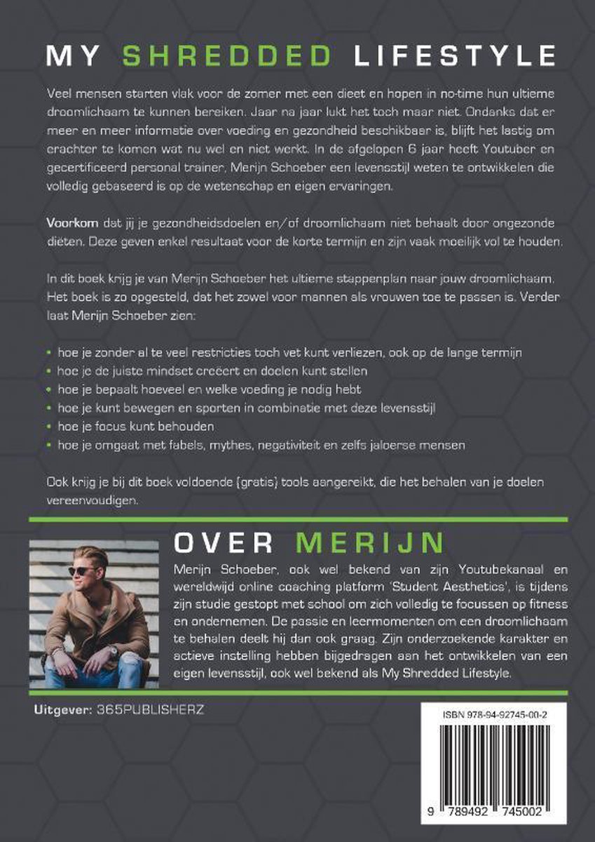 Boekomslag met tekst over 'My Shredded Lifestyle' en Merijn Schoeber, met een afbeelding van een man.