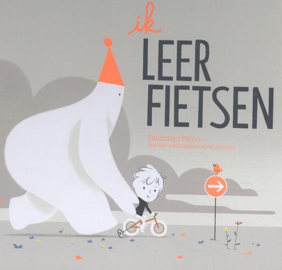 Boekomslag 'Ik leer fietsen' met een groot wit wezen in een oranje hoed dat een kind op een kleine fiets helpt.