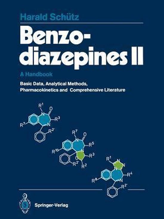 Boek 'Benzodiazepines II A Handbook' van Harald Schütz, met chemische structuren op een blauwe achtergrond.