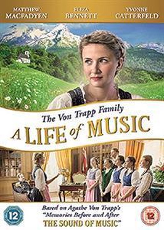 Filmcover 'A Life of Music' met een vrouw in traditionele kleding op een alpenweide. Beneden een scène binnen met zingen kind