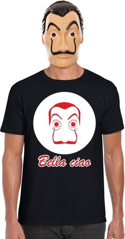 Zwart Salvador Dali t-shirt maat S - met La Casa de Papel masker voor heren - kostuum