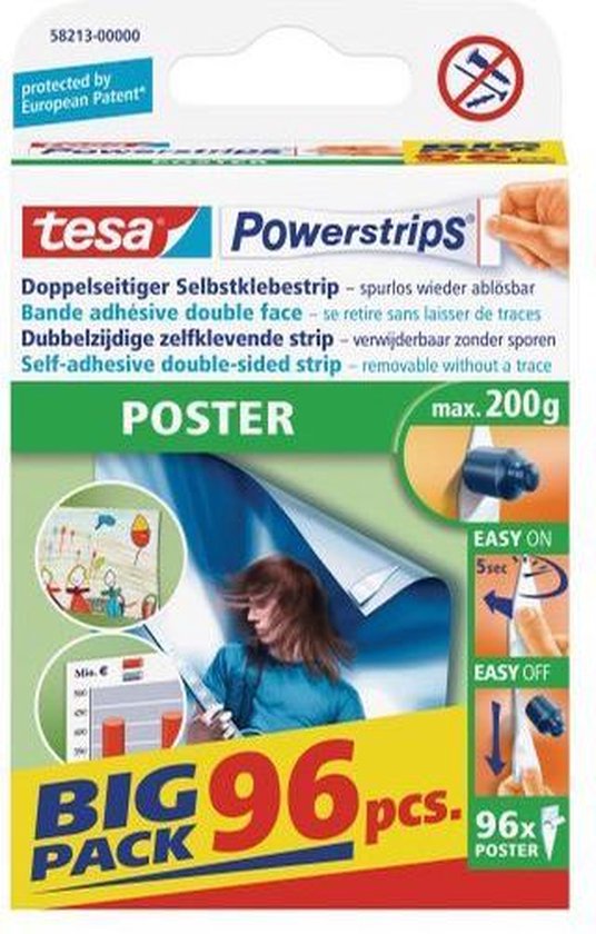 TESA Powerstrips® voor Poster dubbelzijdige plakstrips, voordeelverpakking van 96 stuks