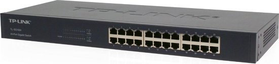 Zwarte TP-Link TL-SG1024 24-poorts Gigabit Switch met 24 ethernetpoorten en statuslampjes.