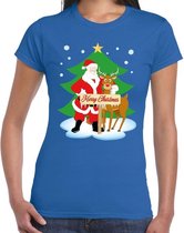 Foute Kerst t-shirt met de kerstman en rendier Rudolf blauw voor dames XS