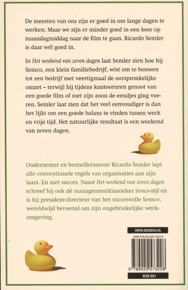 Achterkant boek 'Het weekend van zeven dagen' met tekst en gele badeendjes.
