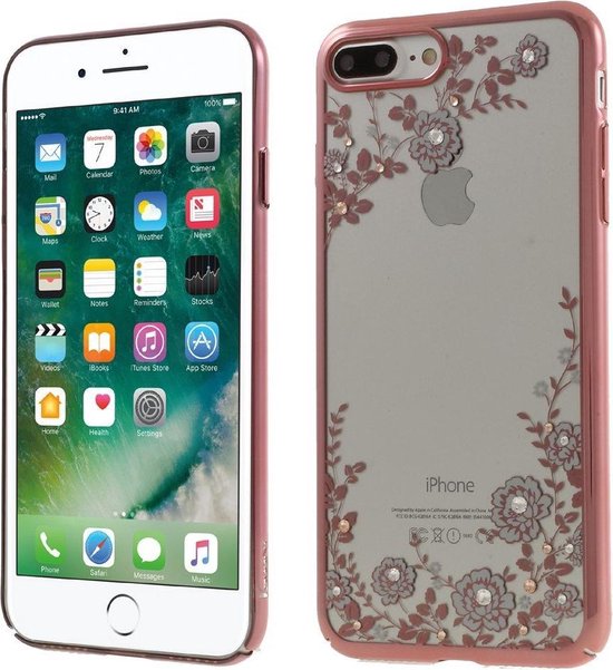 Kavaro - iPhone 7/8 Plus Hoesje - Harde Back Case Swarovski Kristal Bloemen  Roze | bol.com