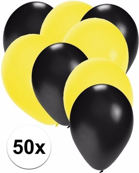 50x ballonnen zwart en geel - knoopballonnen
