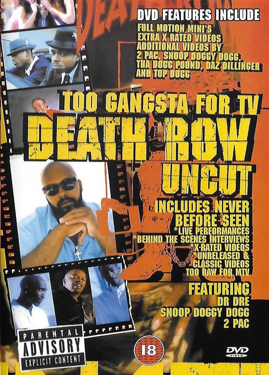 Een man met een baard, bril en een blauw shirt, zittend. Twee foto's met de titel "Death Row Uncut".