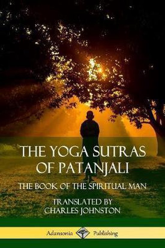 Livre "The Yoga Sutras of Patanjali" avec une silhouette d'homme au soleil sous un arbre.