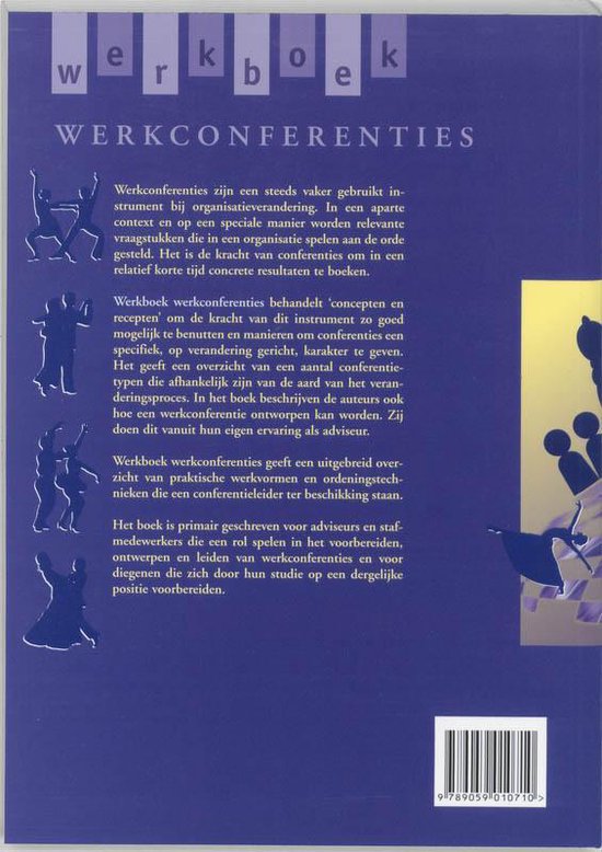 Boek "Werkboek werkconferenties" met een paarse kaft en tekst en illustraties van silhouetten.