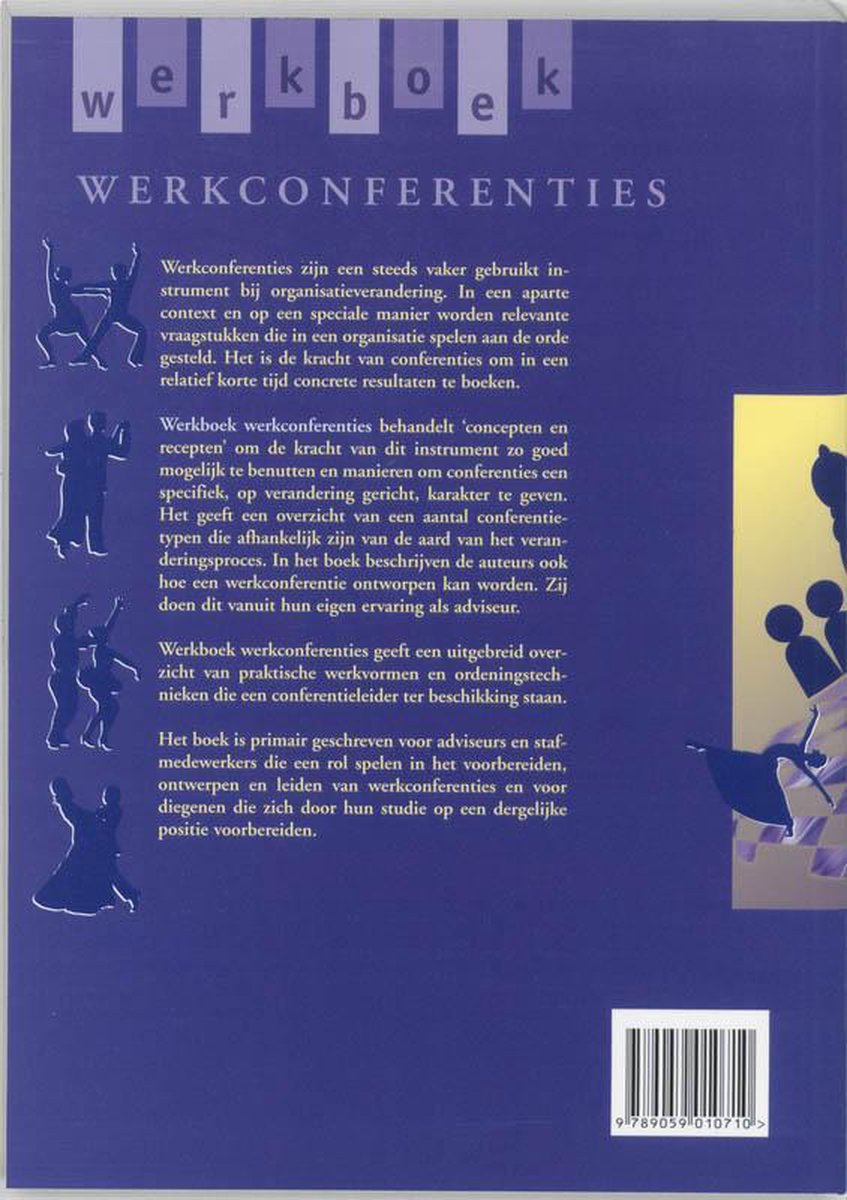 Boek "Werkboek werkconferenties" met een paarse kaft en tekst en illustraties van silhouetten.